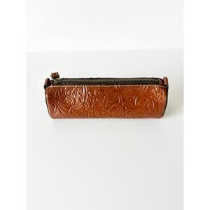 Patricia Nash Floral Embossed Leather Saddle Brown Wristlet